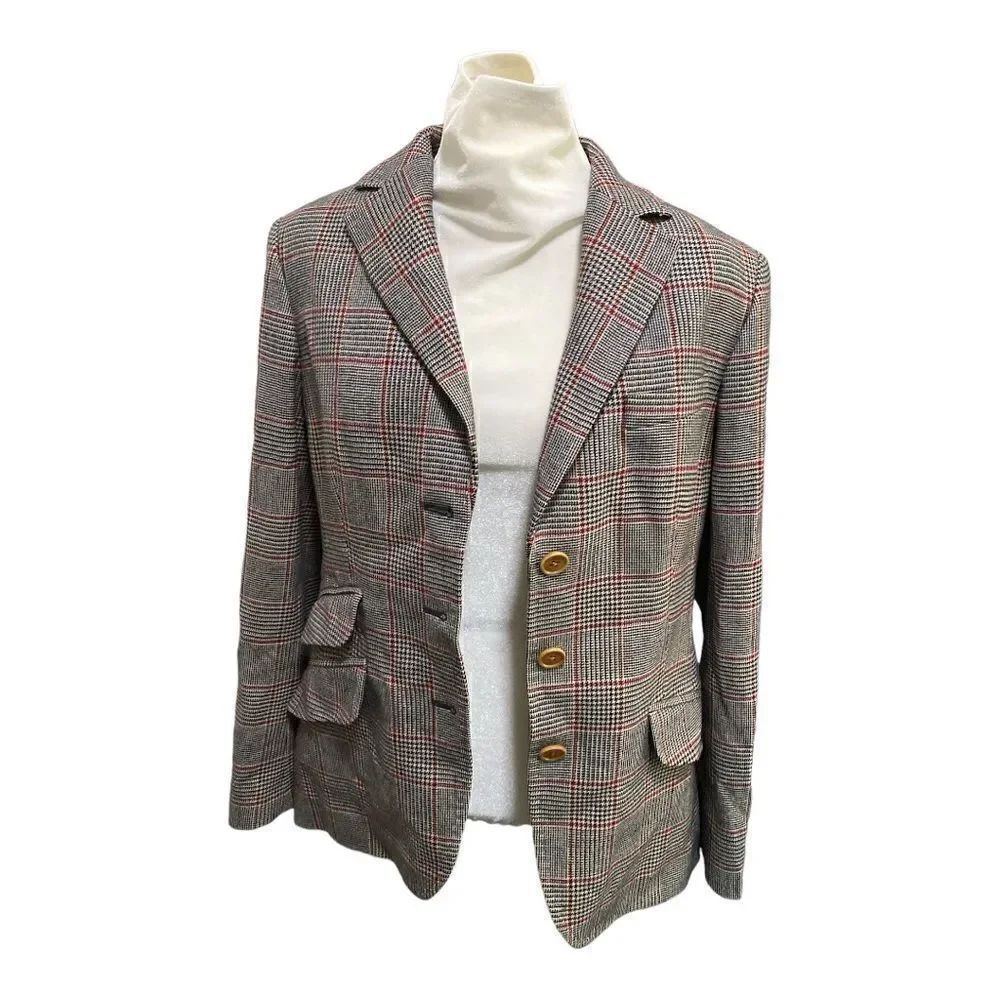 Brooks Brothers | Saxxon  Women’s Houndstooth Plaid Blue Wool Silk Blazer | 10